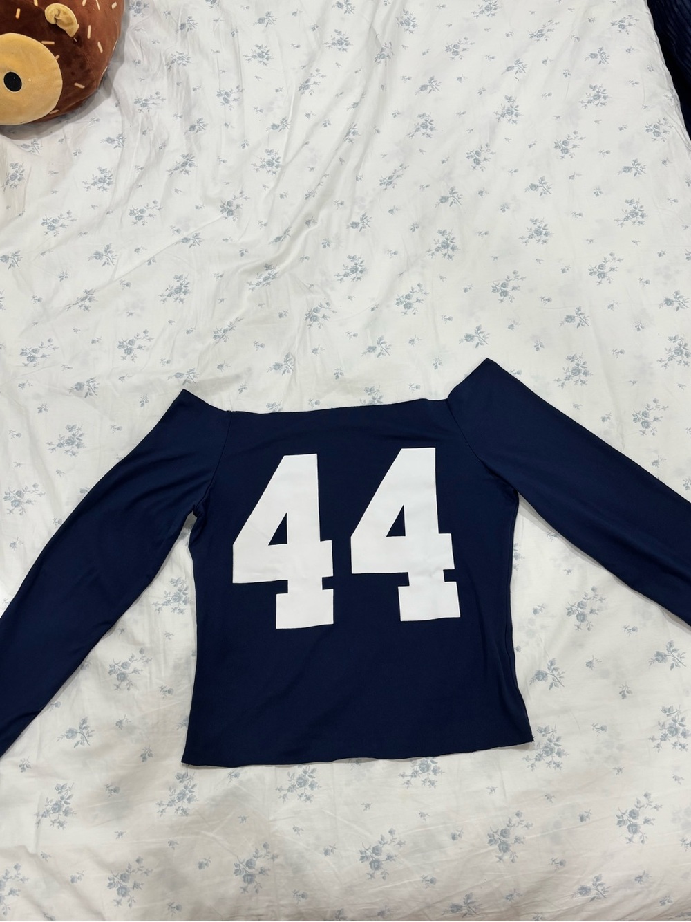 Navy Blue Off-Shoulder Crop Top with White 44 Graphic
